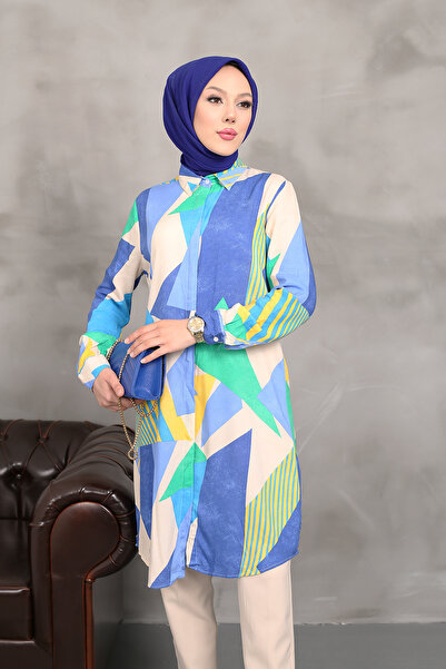 MODAQU Tunica din vascoza de culoare geometrica - albastru