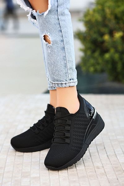 LEYDİ SHOES Tricotaje negre Pantofi sport dama - Detaliu dantela Marsilia