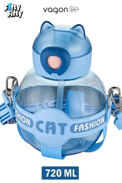 Vagonlife 720 ML Children's Water Bottle with Neck Strap and Straw - Cat Fashion FFVGN2031