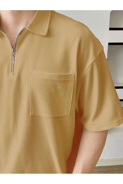 GENIUS STORE Tricou Bej cu guler polo oversize Waffle - Cu fermoar