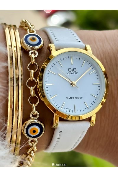 Q&Q Brand Retro White Leather Band, Polite Women's Wristwatch + Bracelet