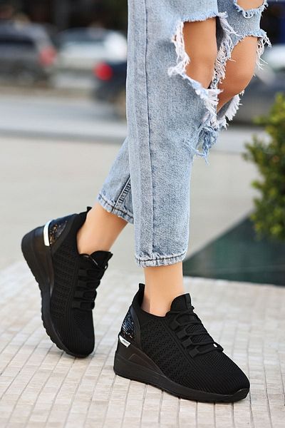 LEYDİ SHOES Tricotaje negre Pantofi sport dama - Detaliu dantela Marsilia