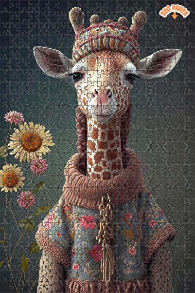 Teona Ahşap Çiçekli Kazaklı Zürafa Çift Katlı Çerçeveli Asılabilir Ahşap Puzz...