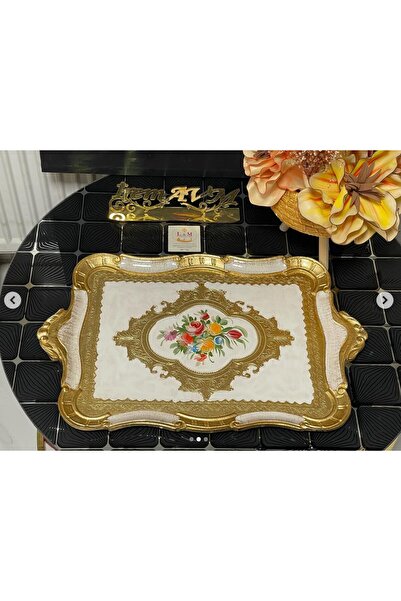 esdekor L & M Florance Art Italyan Gül Ağacı El Yapımı Büyük Dikdörtgen Tepsi 55x36cm 1 Adet