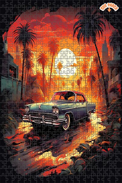Teona Ahşap Kızıl Günbatımında Klasik Araba Yolculuğu Çift Katlı Çerçeveli Ahşap Puzzle 500 PARÇA 50X30
