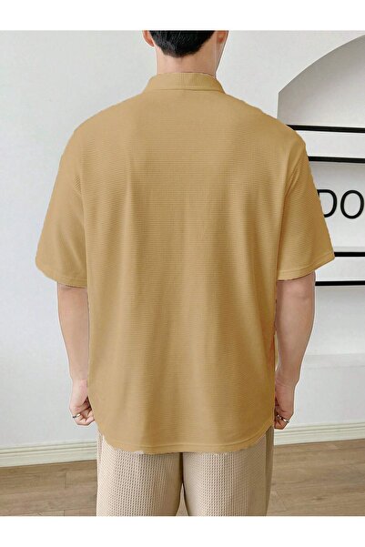 GENIUS STORE Tricou Bej cu guler polo oversize Waffle - Cu fermoar