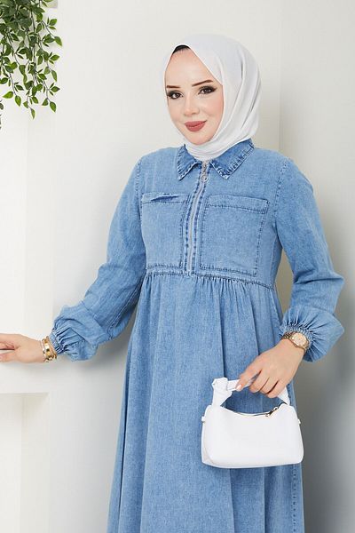 Pamuk Butik Γυναικείο τζιν φόρεμα με φερμουάρ και τσέπες
