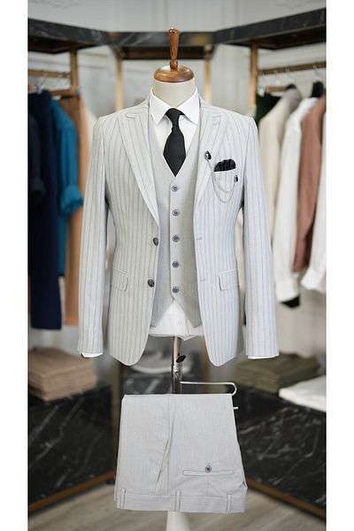 LONATOLİA Ανδρικό κοστούμι ανοιχτό γκρι Slim Fit - Ιταλικό στυλ, μπουφάν με κορυφές, γιλέκο, παντελόνι Xprzcom820-100