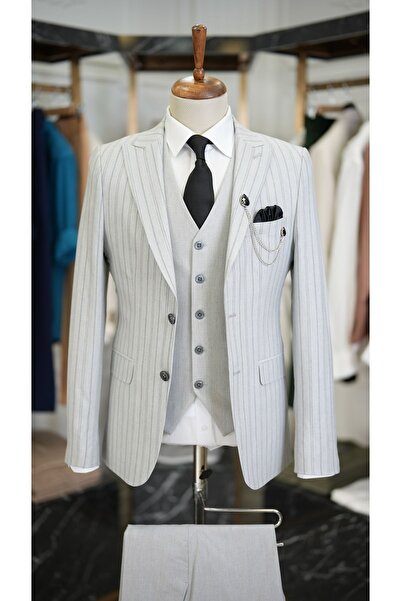 LONATOLİA Erkek Açık Gri Takım Elbise Slim Fit Italyan Stil Sivri Yaka Ceket Yelek Pantolon - Xprzcom820-100