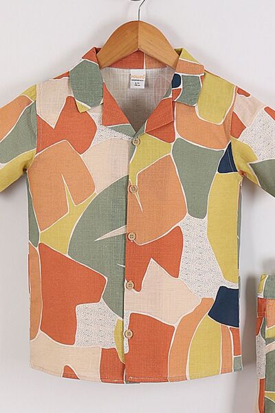 Pollito Erkek Çocuk Keten Geometrik Desenli Ççok Renkli Gömlek Şort 2'li Takım