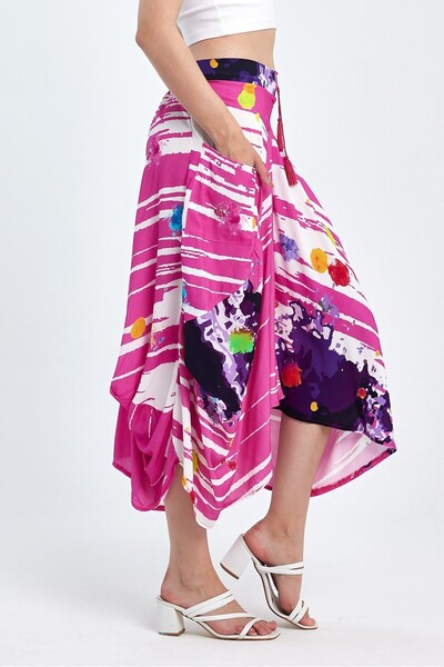 AYASOFYA OTANTIK Kadın Fuşya Beli Lastikli Desenli Cepli Şalvar Etek