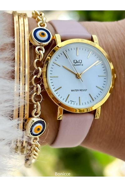 Q&Q Brand Retro Pink Leather Band, Polite Women's Wristwatch + Bracelet