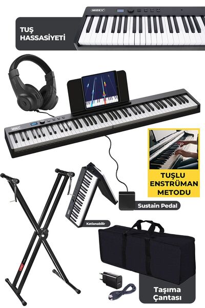 Midex Plx-100bk-st Taşınabilir Dijital Piyano Tuş Hassasiyetli 88 Tuş Bt Şarjlı Standlı Full Set