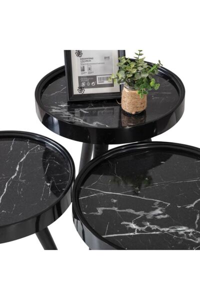 Genel Markalar Casalty Ahşap Yuvarlak 3'lü Zigon Sehpa Siyah Içi Siyah Mermer Polen Lüx Ayaklı