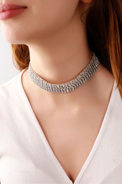 Serelia Zircon Stone 6 Row Model Women's Necklace - Silver Choker, Engagement Wedding Bridal Chocker