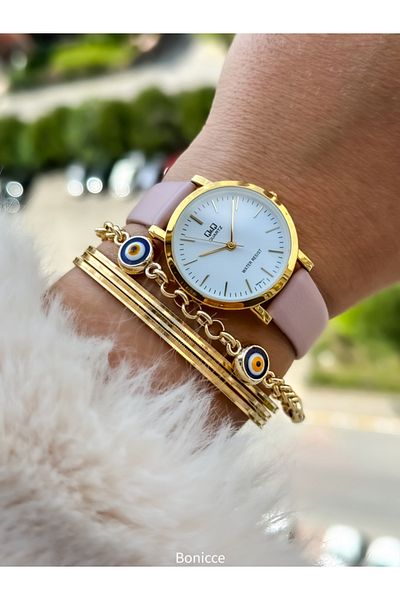 Q&Q Brand Retro Pink Leather Band, Polite Women's Wristwatch + Bracelet