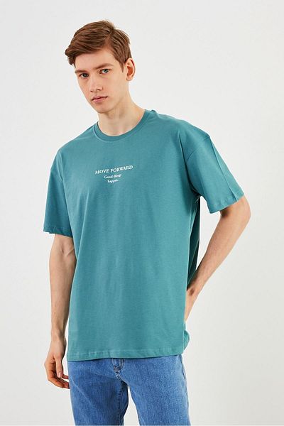 mmetalic Ανδρικό μπλουζάκι Leo Oversize 100% βαμβακερό λαιμόκοψη Λεπτομερές βασικό μπλουζάκι μέντα