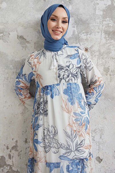 InStyle Szyfonowa sukienka ze sznurkiem Jalya, zapinana na guziki i kołnierzyk - niebieska