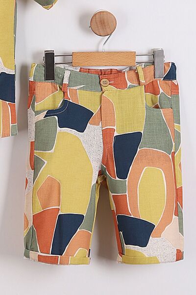 Pollito Erkek Çocuk Keten Geometrik Desenli Ççok Renkli Gömlek Şort 2'li Takım