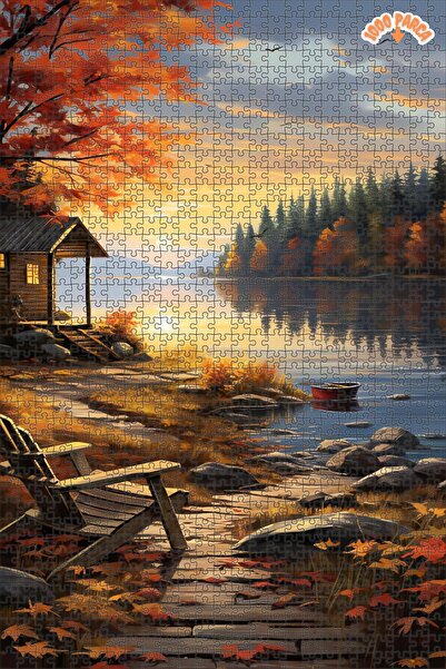 Teona Ahşap Sonbahar Göl Evi Günbatımı Dekoratif Çift Katlı Çerçeveli Asılabi...