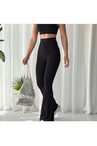 Lusin Pantaloni de damă negri cu talie înaltă Lycra de recuperare cu picioare evazate