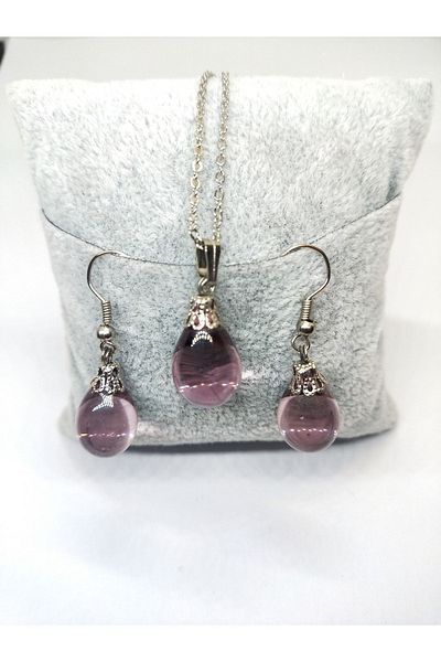 Atölye Şems Murano Glass Design Purple Drop Set Set Necklace and Earrings
