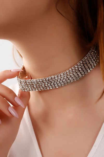 Serelia Zircon Stone 6 Row Model Women's Necklace - Silver Choker, Engagement Wedding Bridal Chocker