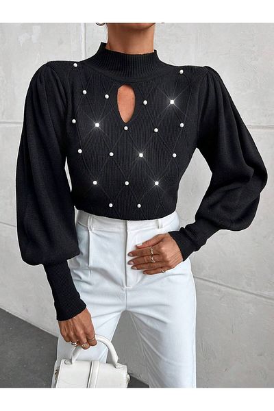 Shineofb Pulover de damă din tricotaje elegantă - Detaliu perlat