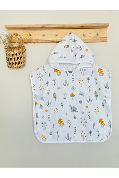 JUNİPERUS Organik %100 Pamuk Müslin Kapşonlu Plaj Çocuk Bebek Panço Bornoz Ba...