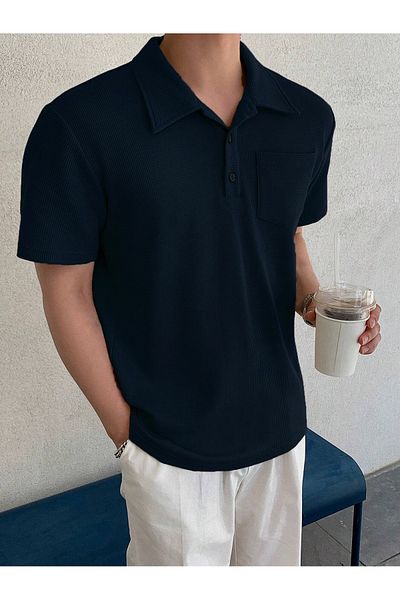 GENIUS STORE Men's Oversize Polo Neck Waffle T-Shirt POLOYAKA-BUTTONED