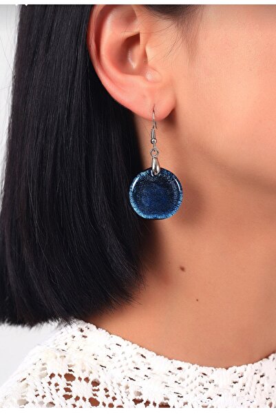 Atölye Şems Murano Cam Gümüş Varak Parıltılı Tasarım Küpe