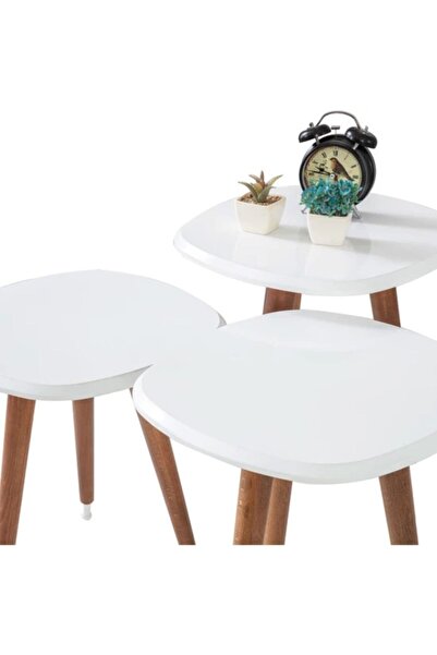 İnegöl Sehpa Belin Ahşap 3'lü Yuvarlak Beyaz Lüx Ayaklı Zigon Sehpa
