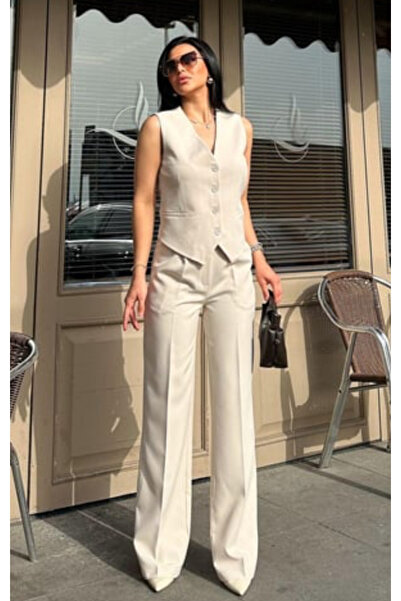 pembekurdelem Stone Colored Women's Classic Vest and Trousers Set