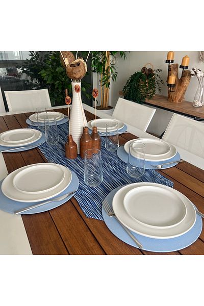 desen izmir 6-Piece Light Blue Plate and Runner Cover Texture Patterned Set - American Service, New Collection
