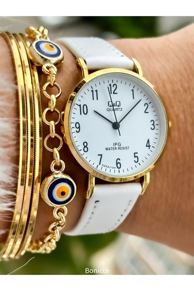 Q&Q Retro Brand White Leather Cord - Yellow Case, Numeral Women's Wristwatch Bracelet