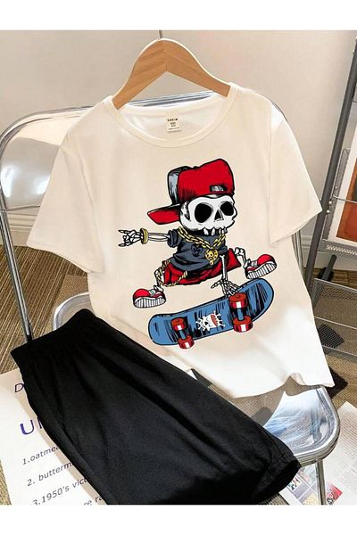 AMMA Kids Skate Print T-Shirt and Shorts - 100% Cotton 2-Piece Set