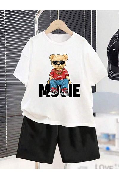 AMMA White and Black Teddy Printed Children's T-Shirt and Shorts 100% Cotton 2-Piece Set