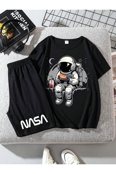 AMMA Nasa Printed Children's T-Shirt and Shorts - 100% Cotton 2-Piece Set