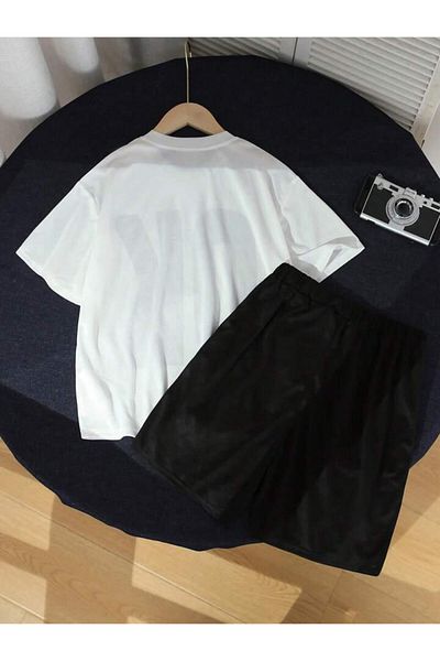 AMMA OK GO UP Printed Unisex White and Black T-Shirt and Shorts 100% Cotton 2-Piece Set