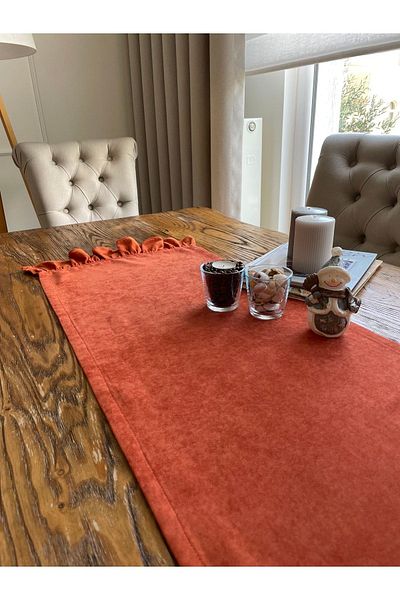 Decamor home Винтидж бегач с текстуриран кадифен волан и плочки от канела