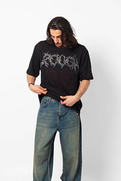 Sokak Butik Black Oversize Unisex T-Shirt - Rough Stone Detailed