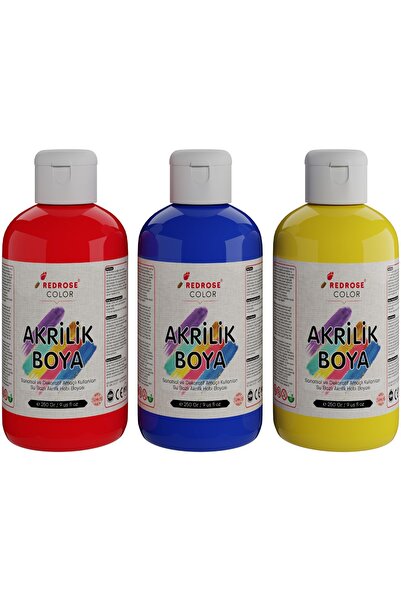 REDROSE COLOR Kırmızı-mavi-sarı Akrilik Boya Seti, 3'lü Set 3x250gr Dekoratif...