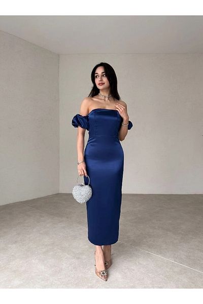 munora butik Satin Navy Blue Midi Dress with Sleeve Detail