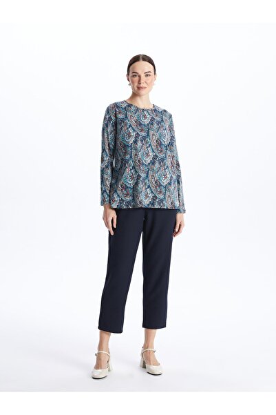 LC Waikiki Wzorzysty damski T-shirt z długim rękawem i okrągłym dekoltem