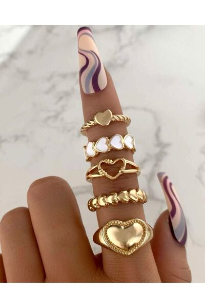 Nakla Accessories 5’li Gold Kalp Detay Yüzük Seti