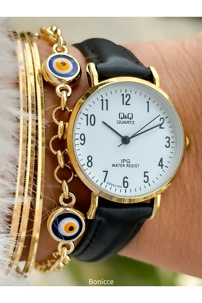 Q&Q Retro Brand Women's Wrist Watch with Black Leather Cord and Yellow Case