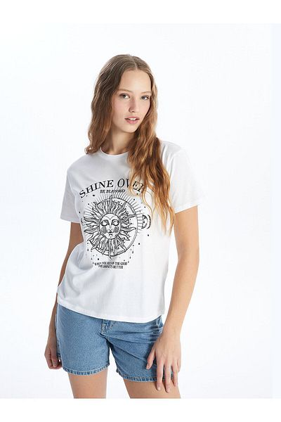 LC Waikiki Tricou cu mânecă scurtă imprimat cu decolteu rotund pentru femei