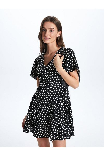 LC Waikiki Γυναικείο φόρεμα με λαιμόκοψη πουά λινό look - κοντομάνικο