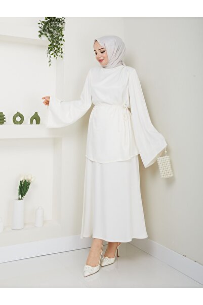 Tate Saten Bağcıklı Ekru Tunik Bluz