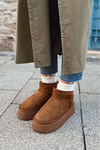 POLKA STORE Chestnut Ultra Mini Platform Kürk Astarlı Kalın Taban Rahat Kadın Bot